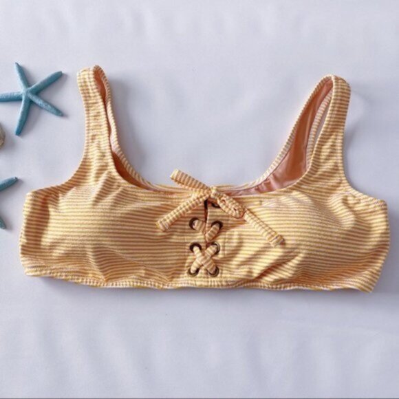 J. Crew | Lace Up Bikini Top Faded Stripe White Gold Orange Summer Flirty 2X New - Picture 1 of 10